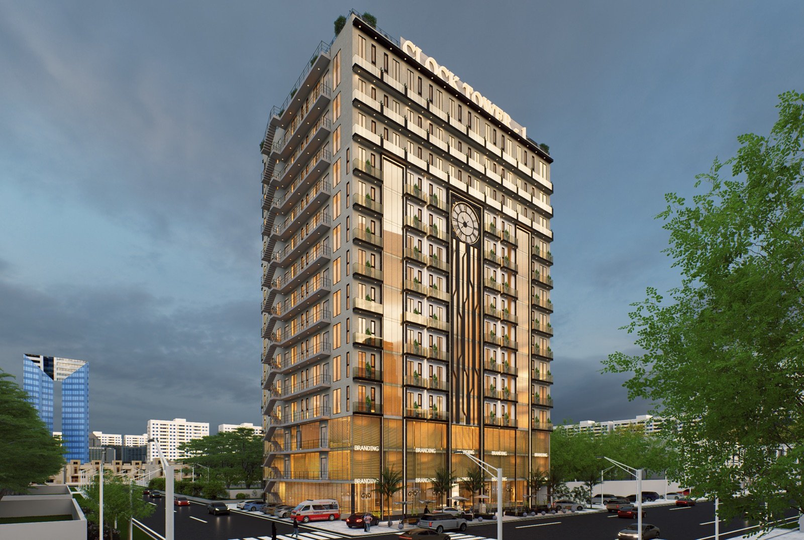 Tower elevation, golden hour